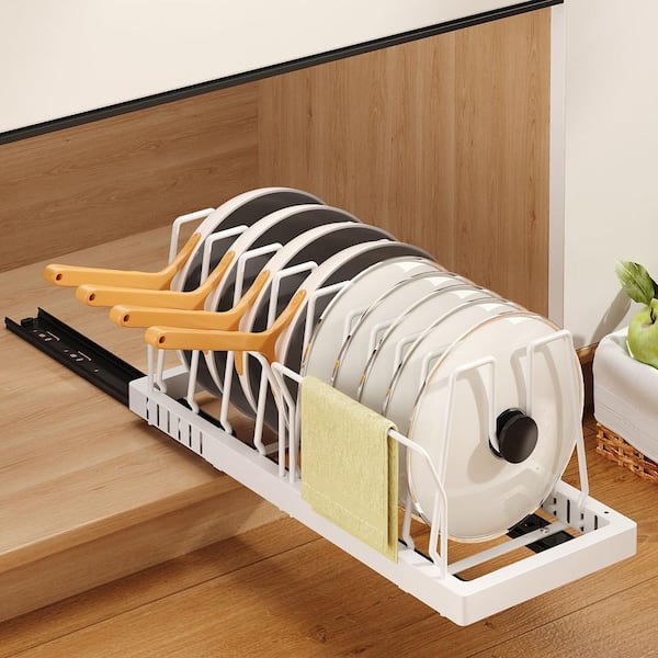 21.6 in. D Pull Out Pot Lid Organizer Holder with Guardrail and 10 Adjustable Dividers, White