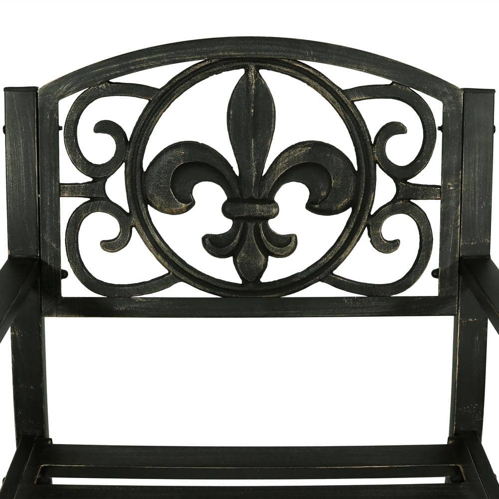 Black Cast Iron and Steel Fleur-de-Lis Outdoor Rocking Chair