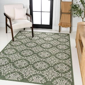 Amora Traditional Mediterranean Tile Design Green/Cream 8 ft. x 10 ft. Indoor/Outdoor Area Rug
