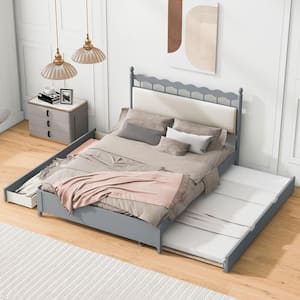 Gray Wood Frame Queen Platform Bed with a Twin Size Trundle and 2 Storage Drawers