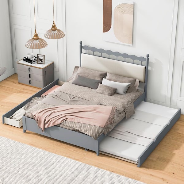 Harper & Bright Designs Gray Wood Frame Queen Platform Bed with a Twin Size Trundle and 2 Storage Drawers
