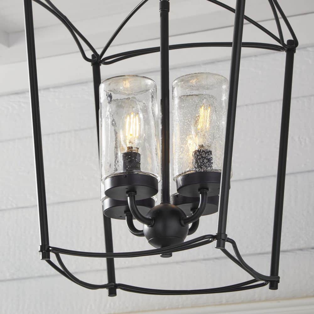 Matte Black Textured Glass 4-Light Outdoor Pendant Chandelier