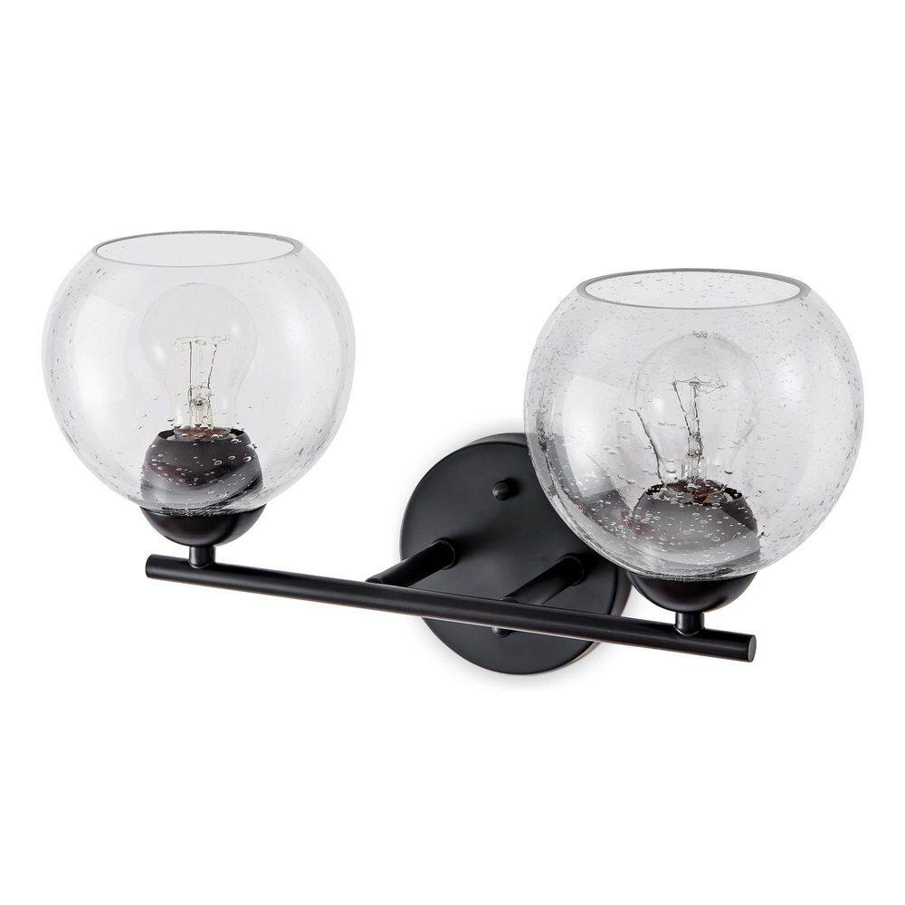 JAZAVA 15 in. 2Light Black Vanity Light with Seeded Glass Globe Shade