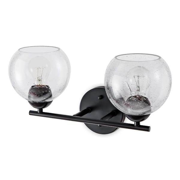 JAZAVA 15 in. 2-Light Black Vanity Light with Seeded Glass Globe Shade Bathroom Wall Light Fixtures