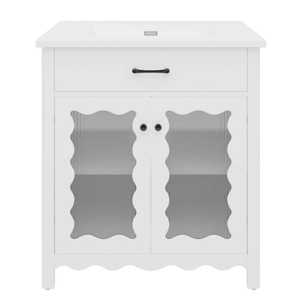 30 in. White Wood Rectangle Vessel Sink Bathroom Vanity Combo with Tempered Glass, Soft close Doors price history on PriceWatchPro