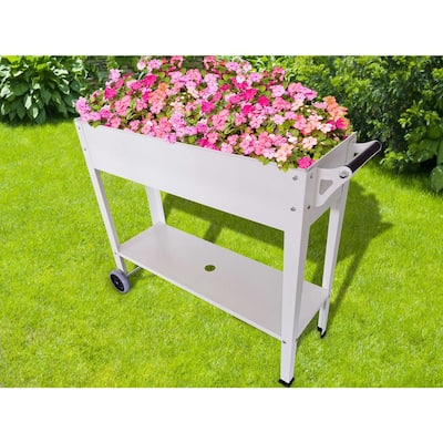 Galvanized Steel Portable Raised Garden Bed Planter Box Wheels, Handle and Shelf