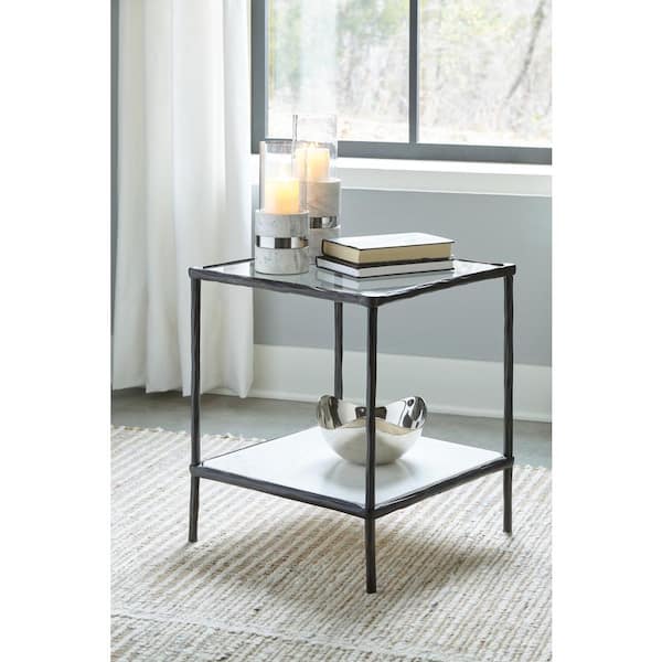 Ryandale 20.75 in. Antique Black Square Glass End Table with Marble Shelf