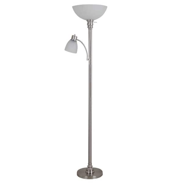 Brushed Nickel Floor Lamp, Floor Lamp With Reading Light And Glass Steel Shades