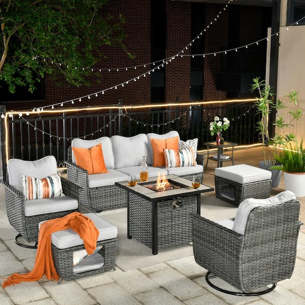 HOOOWOOO Sierra Black 7-Piece Wicker Multi-Use Fire Pit Patio Conversation Sofa Set with Swivel Chairs and Light Gray Cushions