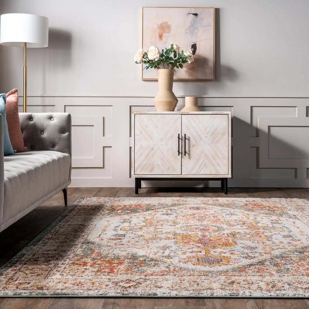 Justine Beige Rectangular Medallion Synthetic Area Rug