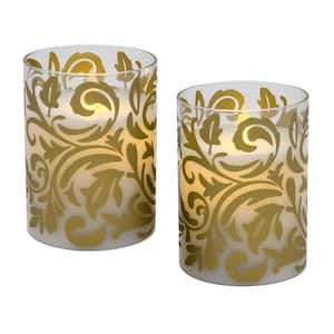 Gold Baroque Swirl Battery Operated LED Glass Candles with Moving Flame (Set of 2)
