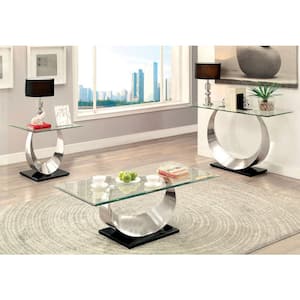 Clarkton 3-Piece 48 in. Satin Plated and Black Rectangle Glass Coffee Table Set