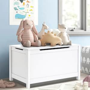 White Wooden Storage Organizing Kids Toy Box/Bench/Chest with Safety Hinged Lid for Ages 3+ Children