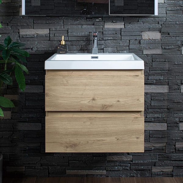 WOODBRIDGE NJ 23.6 in. W x 19.6 in. D x 22.5 in. H Single Sink Floating Bath Vanity in Natural Oak with White Resin Top