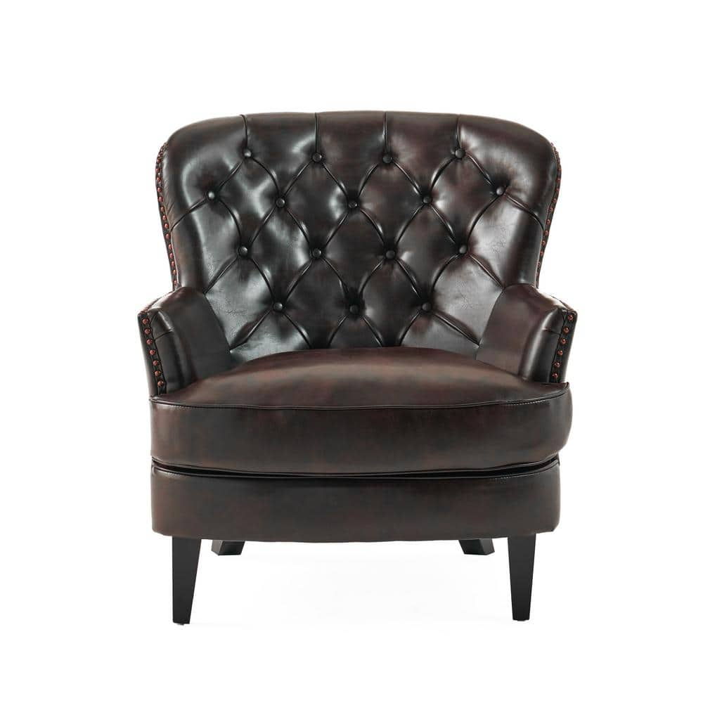 tafton brown leather tufted club chair