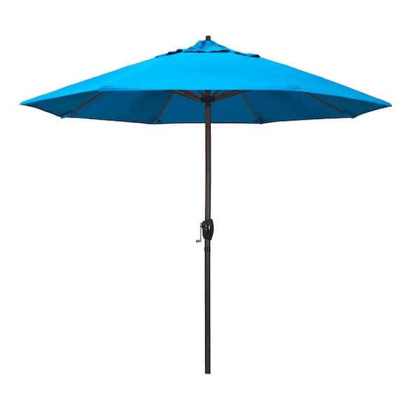 California Umbrella 9 ft. Bronze Aluminum Market Auto-tilt Crank Lift Patio Umbrella in Canvas Cyan Sunbrella