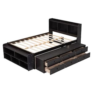 Espresso Brown Wood Frame Full Size Platform Bed with Bookcase Headboard, 6-Underbed Drawers, Bed End Storage Case
