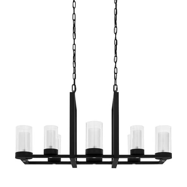 Home Decorators Collection Samantha 8-Light Integrated LED Matte Black Dining Room Chandelier with Clear Glass, Linear Kitchen Island Pendant Light