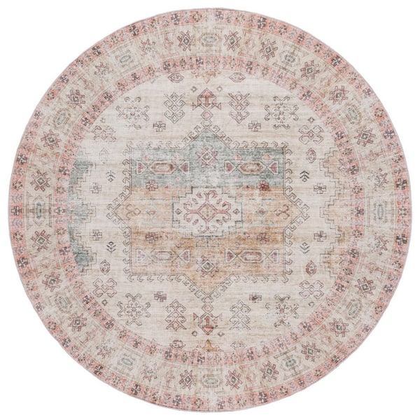 SAFAVIEH Arizona 6 ft. x 6 ft. Olive/Red Machine Washable Traditional Medallion Aztec Round Area Rug