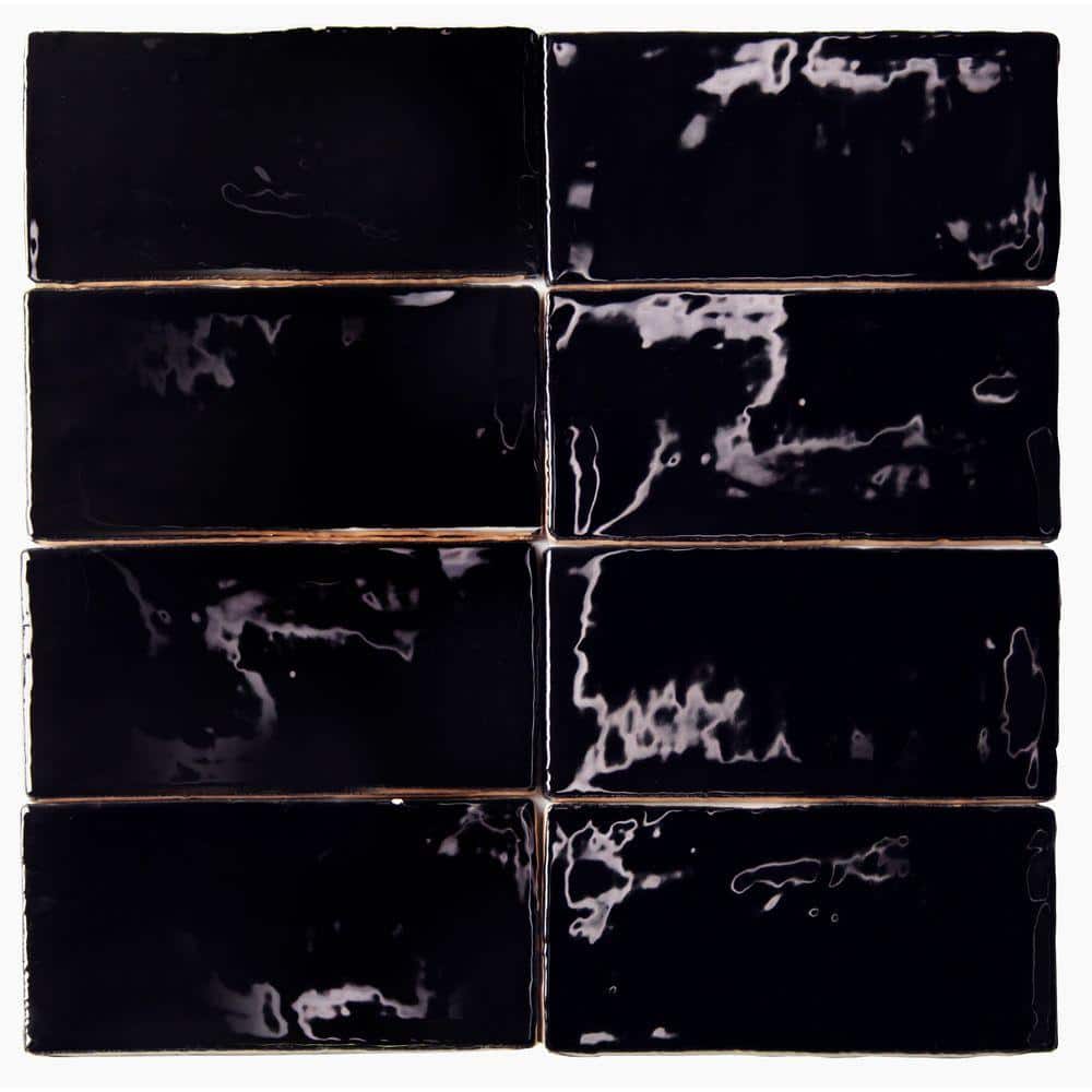 Messi Black Polished Ceramic Subway Wall Tile 3x6