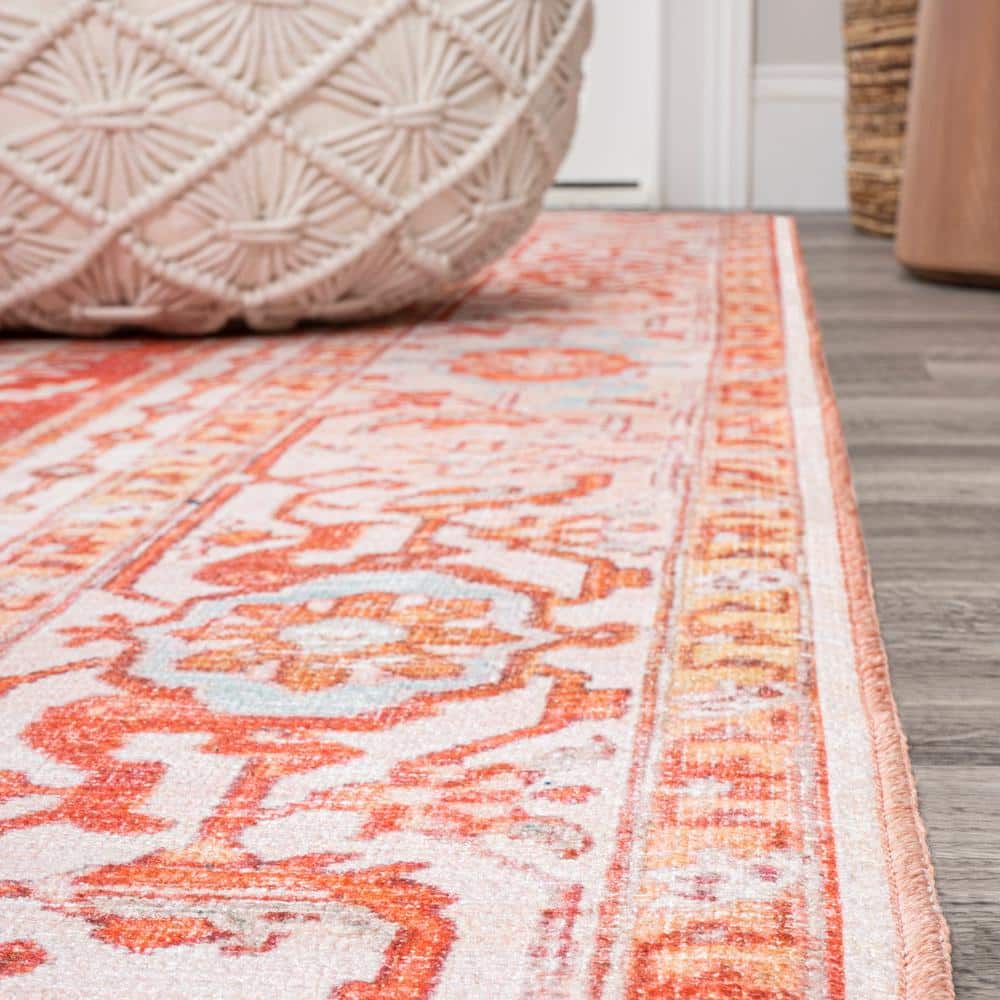 Asa Ornate Medallion Washable Orange and Cream 9' x 12' Synthetic Area Rug