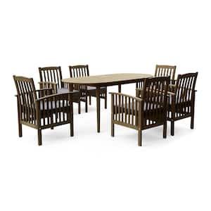 Casa Acacia Grey 7-Piece Acacia Wood Oval Table with Straight Legs Outdoor Patio Dining Set with Dark Grey Cushions