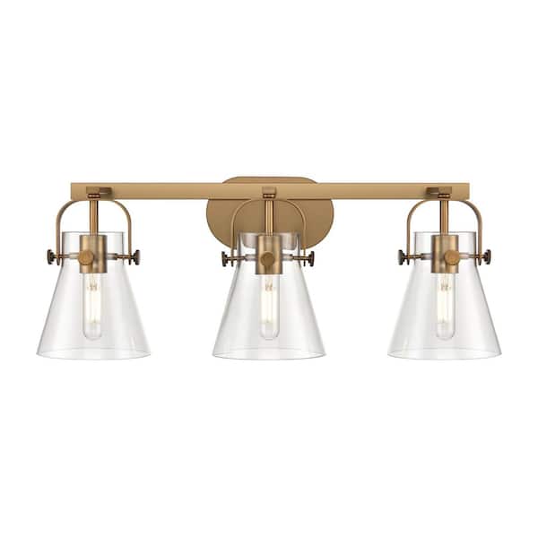 Innovations Pilaster II Cone 26.5 in. 3-Light Brushed Brass Vanity Light with Glass Shade
