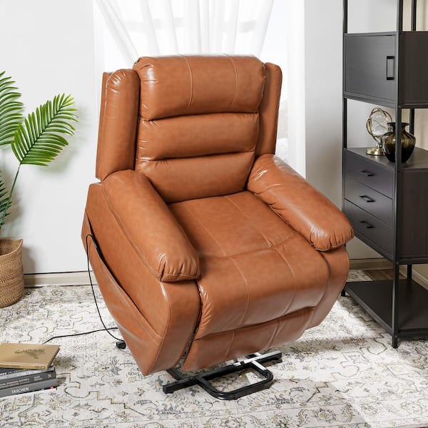 HOMESTOCK Caramel Deluxe Adjustable Power Lift Recliner Chair for Elderly, Faux Leather Electric Recliner, Split-Back Chair