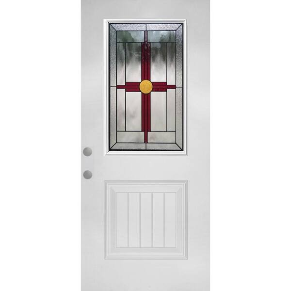 Steves & Sons Element 36 in. x 80 in. Right-Hand Inswing 1/2 Lite Plank Zia Decorative Glass White Primed Steel Front Door Slab