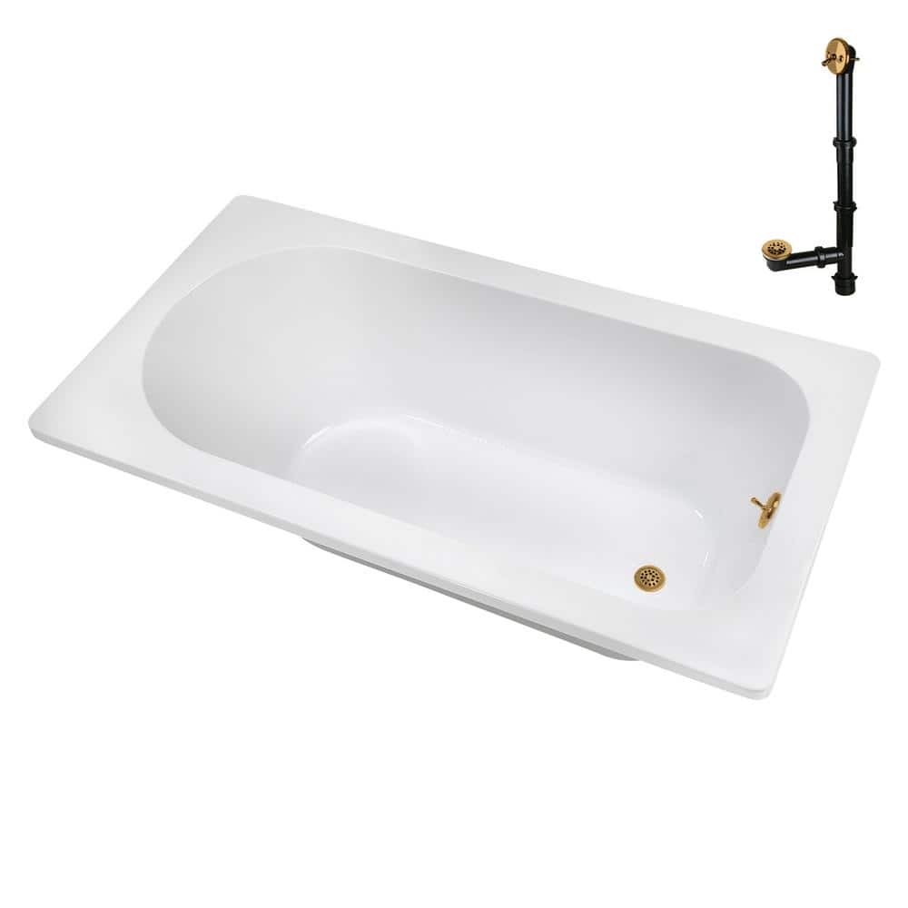 72" Glossy White Acrylic Drop-In Soaking Bathtub with Brushed Gold Trim