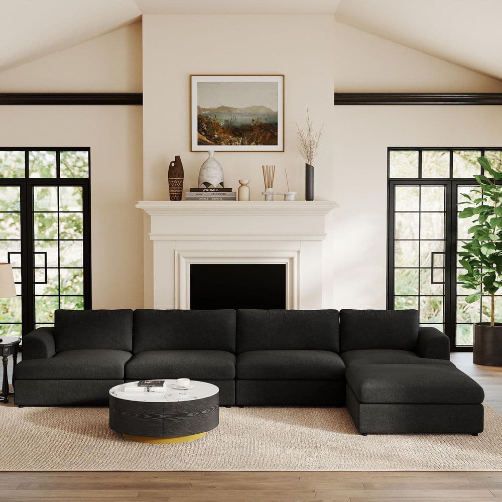 5-Piece Black Boucle Fabric Living Room Set with Removable Covers and Ottoman for Apartment