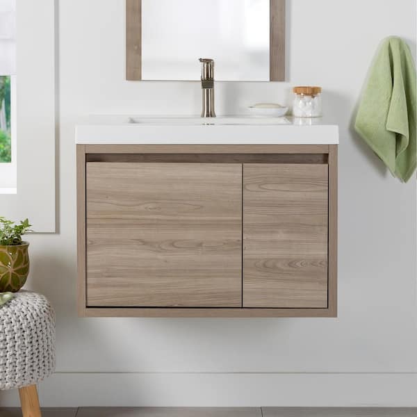 Domani Millhaven 31 in. Single Sink Forest Elm Floating Bath Vanity with White Cultured Marble Top (Assembled)