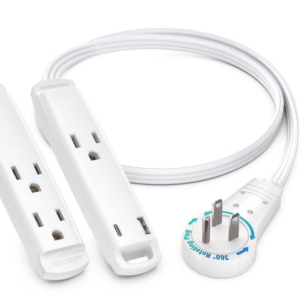 1 ft. 16 / 3 Light Duty Indoor Extension Cord 360° Rotating Plug 3-Outlet with USB-C Port and Loop White