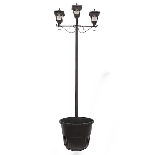 Triple Head 3-Light Black Outdoor Solar Warm White LED Lamp Post Light Set with Round Planter for Garden and Porch