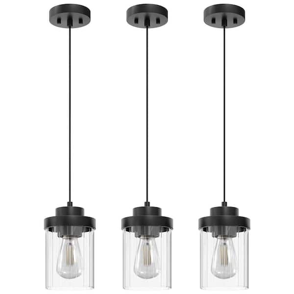 Merra 60-Watt 1-Light Matte Black Mini Pendant Light with Clear Shade and Adjustable Height, (Set of 3)