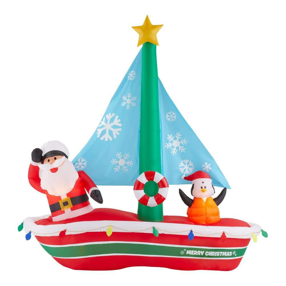 Home Accents Holiday 7 ft Pre-Lit LED Santa in Sailboat Scene Christmas ...