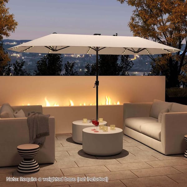 13 ft. Metal Market Solar Large Patio Umbrella with LED Solar Lights Crank Handle 12-Heavy Duty Ribs in Beige