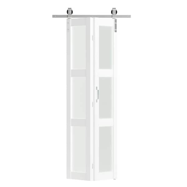 30in x 84in White, 3 Lite, Frosted Glass Finished, MDF Bi-Fold Style Sliding Barn Door with Hardware Kit & Nickel Sliver