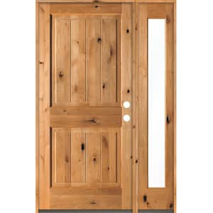 50 in. x 80 in. Rustic Knotty Alder Square Top Left-Hand/Inswing Clear Glass Clear Stain Wood Prehung Front Door w/RFSL