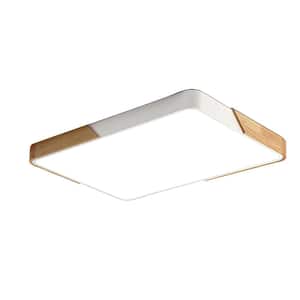 Lumin 34.7 in. 1-Light Wood and White Finish Smart LED Flush Mount with Remote Control and Oak Rectangle Shaded