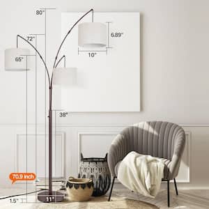 80 in. Mid-Century Modern 3-Light Adjustable LED Brown Arc Floor Lamp with 3 Beige LinenDrum Shades