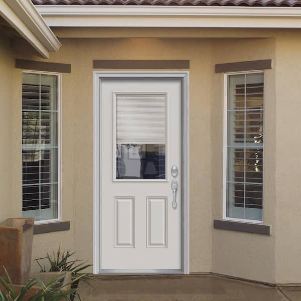 30 in. x 80 in. Internal Blinds Left-Hand 1/2-Lite Clear 2-Panel Classic Primed Fiberglass Smooth Prehung Front Door