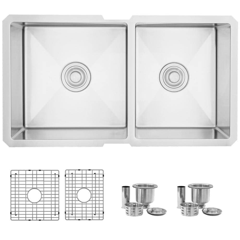 Undermount 33 in Stainless Steel 60/40 Double Bowl  16 Gauge Kitchen Sink with Grids and Strainers price history on PriceWatchPro