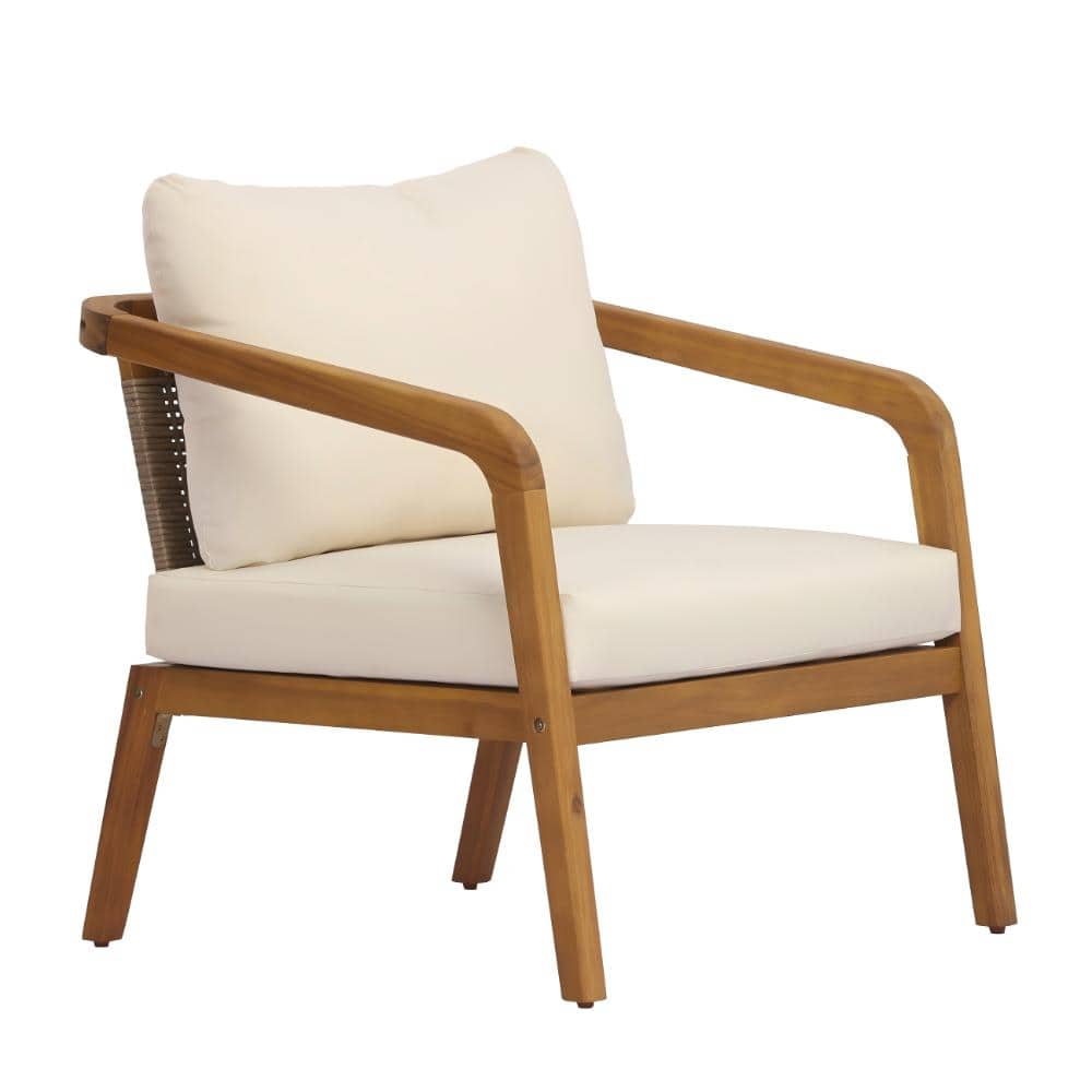 Acacia Wood Outdoor Patio Lounge chair with PE Wicker Backrest & Cream Cushions for Balcony, Poolside price history on PriceWatchPro
