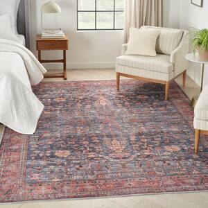 Machine Washable Brilliance Navy/Brick 8 ft. x 10 ft. Floral Traditional Area Rug