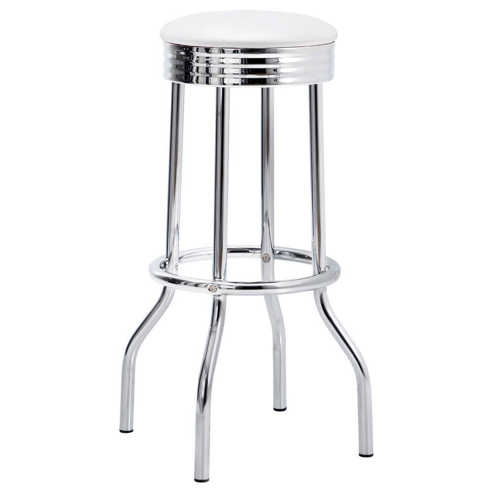 White Faux Leather and Chrome Swivel Bar Stool Set