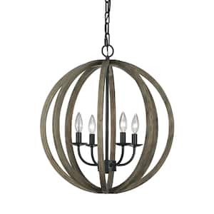 Allier 4-Light Weathered Oak Wood/Antique Forged Iron Rustic Farmhouse Hanging Globe Candlestick Chandelier