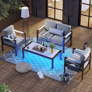 4-Piece Aluminum Patio Conversation Set with Light Gray Cushions and LED Coffee Table