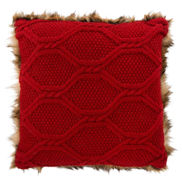 SAFAVIEH Luccia Faux Fur Brown Faux Fur/Red Knit 20 in. x 20 in. Throw Pillow