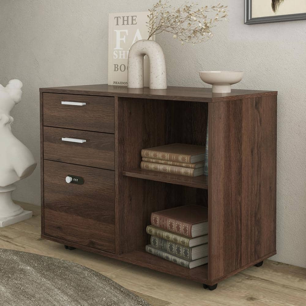 32 in. W x 16 in. D x 23.8 in. H Brown Linen Cabinet Mobile Filing Cabinet 